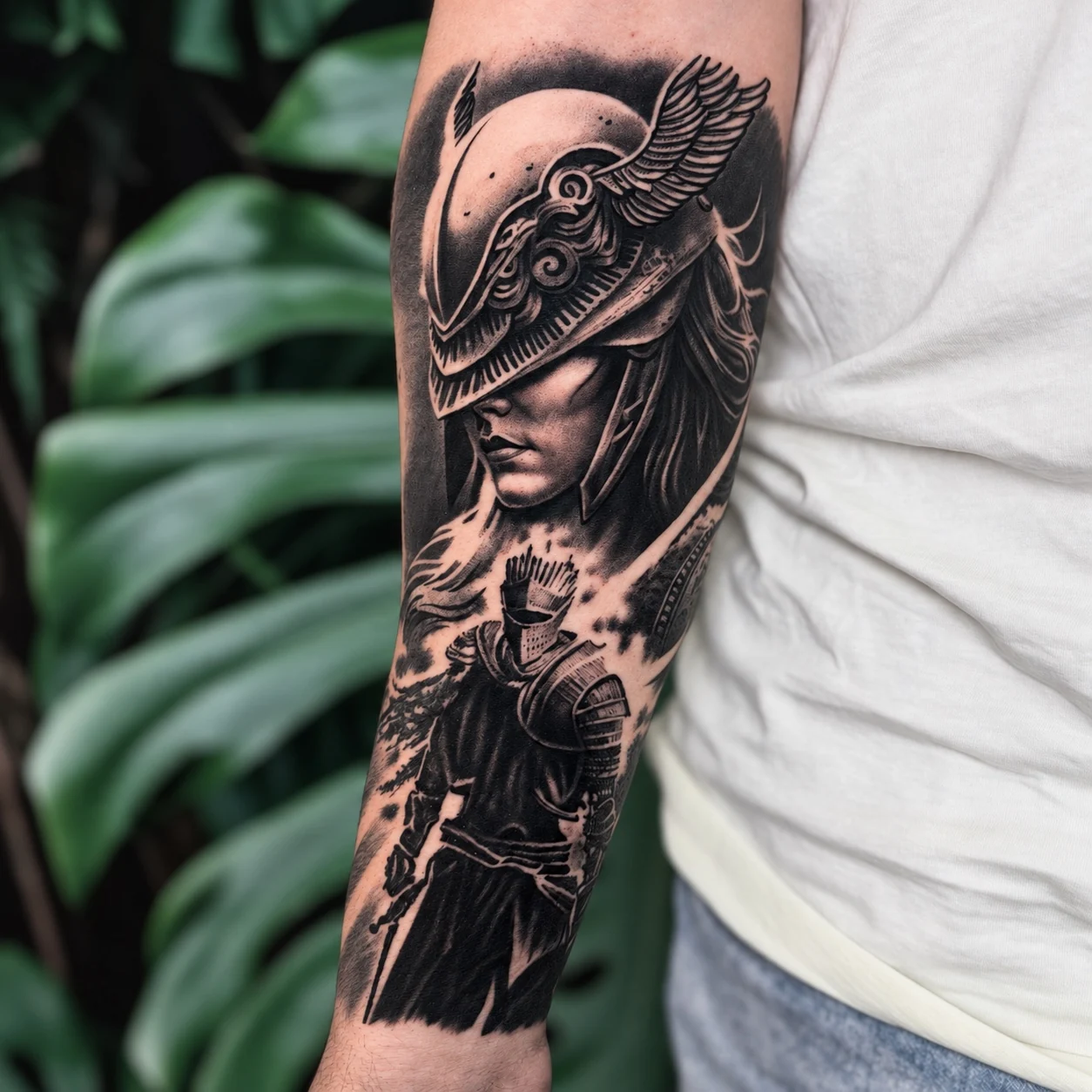 Realistyczny tatuaż wojowniczki w czerni i szarości na ramieniu — Gruba Igła Tattoo