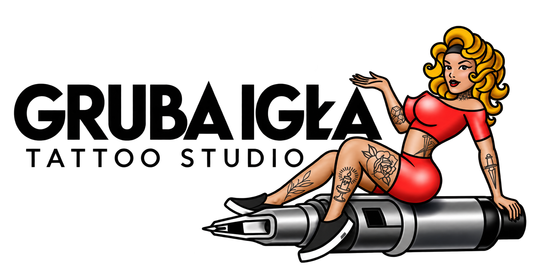 Gruba Igła Tattoo Studio — logo z pin-up na maszynce do tatuowania